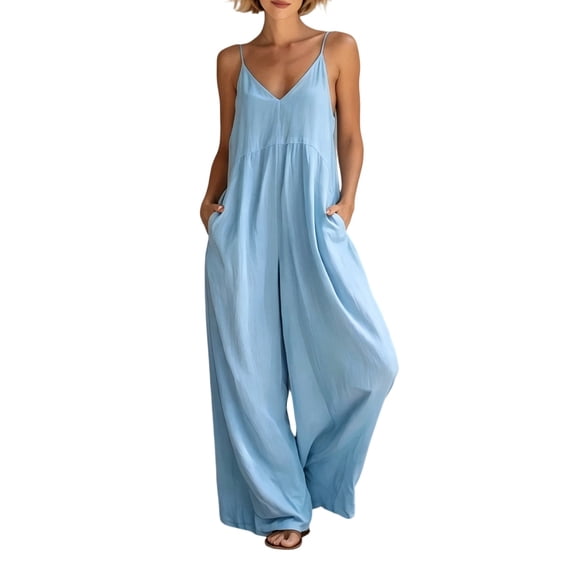 Women's Spaghetti Strap Jumpsuit - Boho V Neck Loose Sleeveless One Piece Wide Leg Pants Romper with Pockets