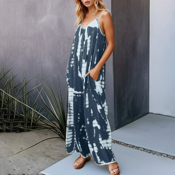 Women's Spaghetti Strap Jumpsuit Casual Boho Summer Romper Loose Fit Tie Dye Plus Size Outfit with Pockets