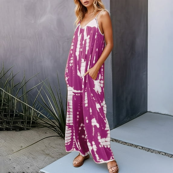 Women's Spaghetti Strap Jumpsuit Casual Boho Summer Romper Loose Fit Tie Dye Plus Size Outfit with Pockets