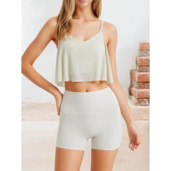 Women's Spaghetti Strap Layered Crop Top with Sheer Overlay - Large, Ivory