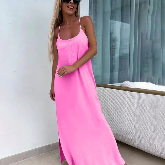 Women's Spaghetti Strap Maxi Dress Scoop Neck Sleeveless High Split Satin Silk Feel Slip Dress Elegant Summer Beach Vacation Wedding Guest Long Dress