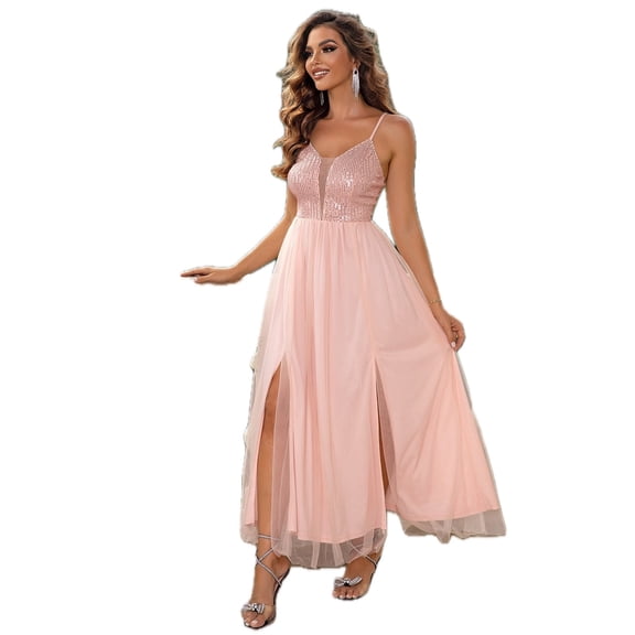 Women's Spaghetti Strap Mesh Dress with Slit and Sheer Front Not Lined 100% Polyamide Imported Elegant Party Wear