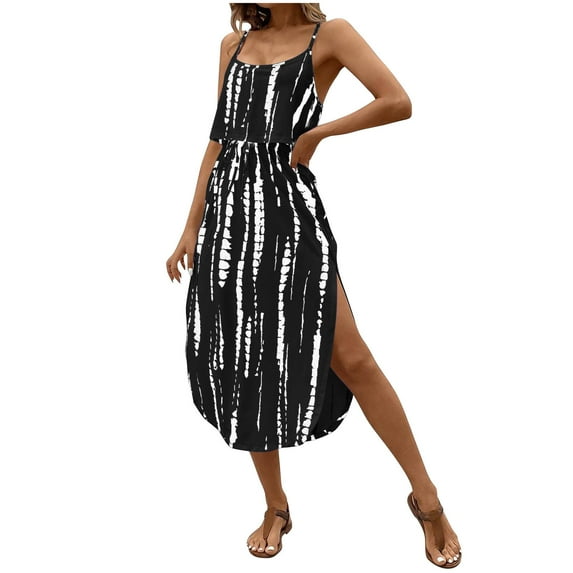 Women's Spaghetti Strap Midi Dress Sleeveless Casual Summer Dresses with Pockets Slit Beach Boho Sundress