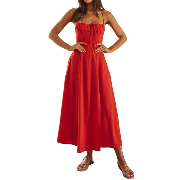 Women's Spaghetti Strap Midi Dress Sleeveless Front Tie-up Bustier Backless Thigh Slit A-line Dress