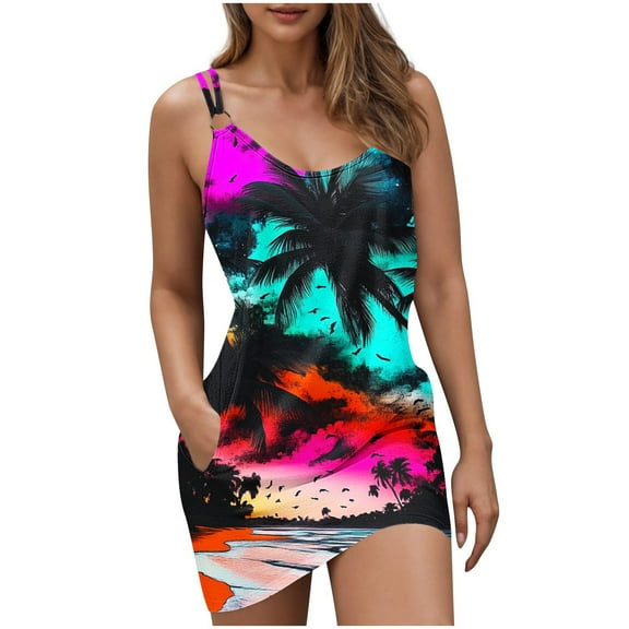 Women's Spaghetti Strap Midi Dresses Print Color Casual Dress C-Black