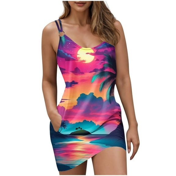 Women's Spaghetti Strap Midi Dresses Print Color Casual Dress D-Purple