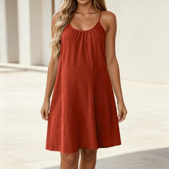 Women's Spaghetti Strap Mini Dress Adjustable Textured A-Line Beach Cover Up Dresses for Women Red S