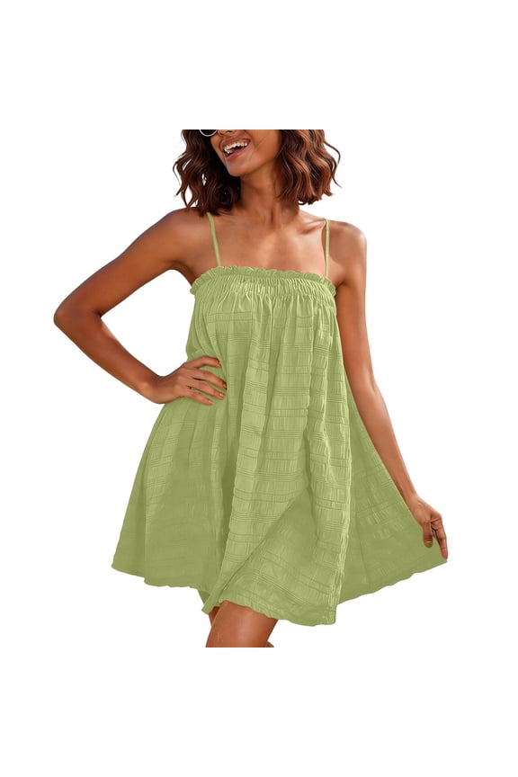 Women's Spaghetti Strap Mini Dress, Textured Seersucker Casual Babydoll Dresses, Loose Fit A-Line Summer Beach Cami Sundress with Pockets