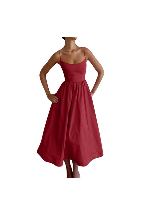 Women's Spaghetti Strap Scoop Neck Dress Summer Sleeveless Backless Midi Dresses Cocktail Party Flowy A-Line Dress
