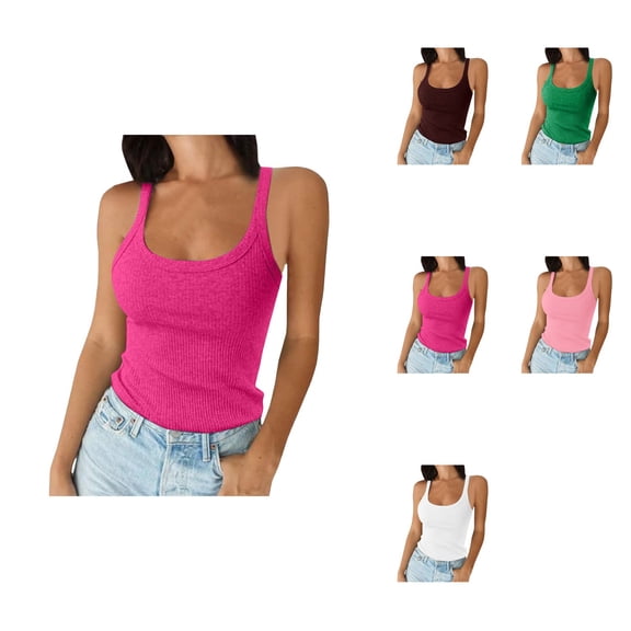 Women's Spaghetti Strap Scoop Neck Ribbed Tank Tops, Slim Fitted Cotton Camisole Basic Sleeveless Layering Shirts