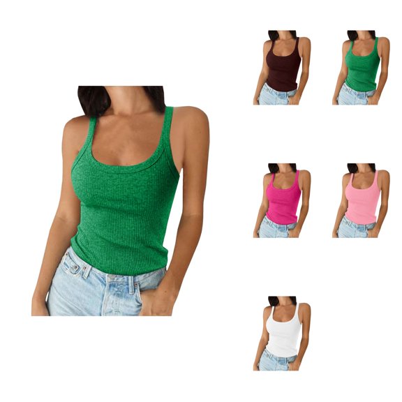 Women's Spaghetti Strap Scoop Neck Ribbed Tank Tops, Slim Fitted Cotton Camisole Basic Sleeveless Layering Shirts