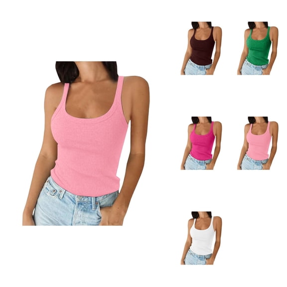 Women's Spaghetti Strap Scoop Neck Ribbed Tank Tops, Slim Fitted Cotton Camisole Basic Sleeveless Layering Shirts