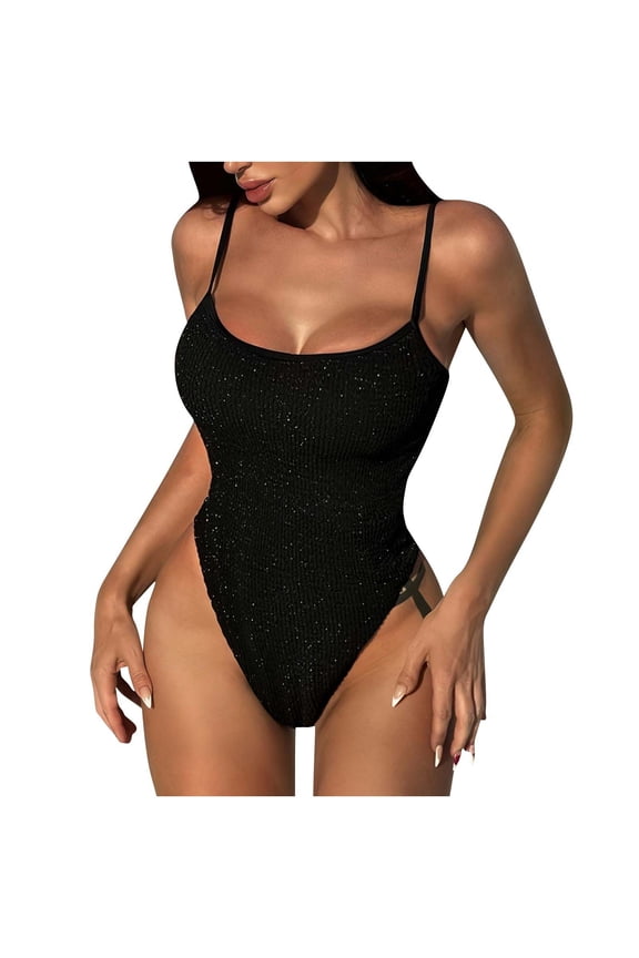 Women's Spaghetti Strap Sequins Swimsuit Sexy High Cut One Piece Tummy Control Bathing Suit Sparkle Slimming Swimwear