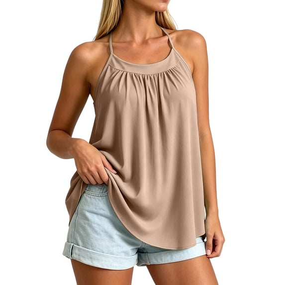 Women's Spaghetti Strap Sleeveless Tank Tops with Built in Bra Racerback Loose Flowy Beach Camis Lightweight Casual Summer Blouses Khaki