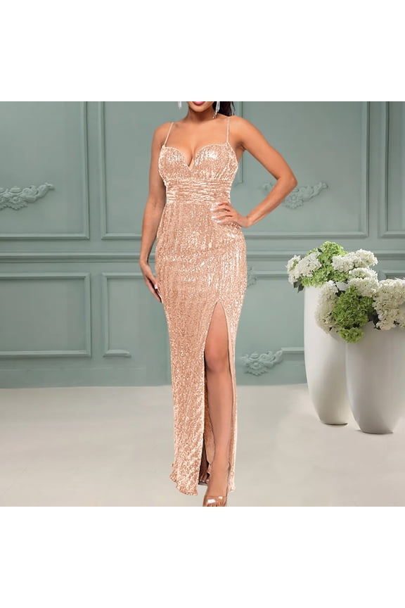 Women's Spaghetti Strap Slim Fit Hugging Skirt Sequin Dress Maternity Dresses Casual Split Loose Maxi Dress Pocket Long Dress for Women Womens Summer Dresses Party Gowns for Women Fitted Summer Dress