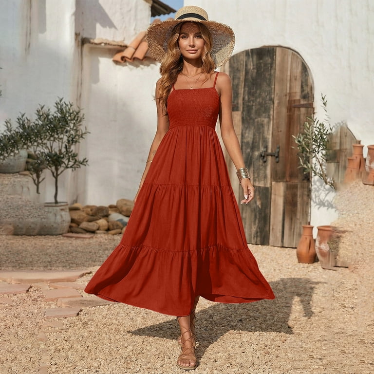 Women's Spaghetti Strap Smocked Maxi Dress, Adjustable Strap Tiered A-Line Long Dress, Casual Summer Beach Sundress for Women Vacation Party Wear 02-Coffee S