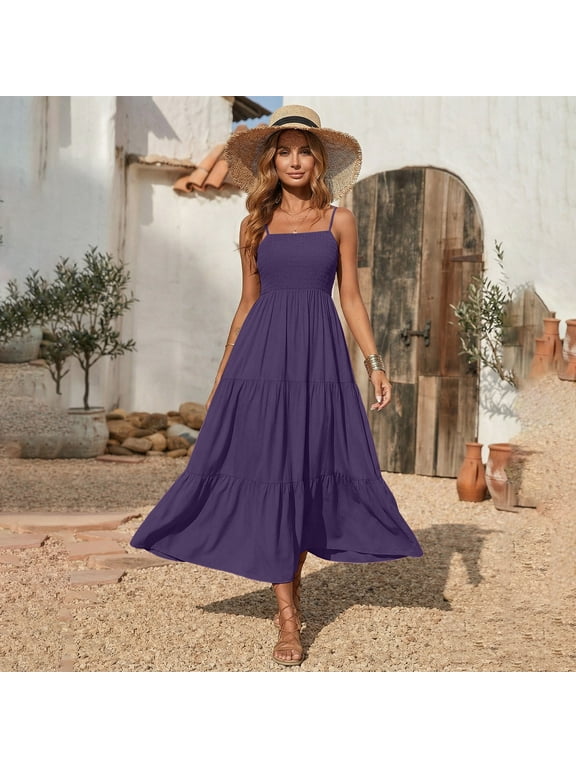 Women's Spaghetti Strap Smocked Maxi Dress, Adjustable Strap Tiered A-Line Long Dress, Casual Summer Beach Sundress for Women Vacation Party Wear 05-Dark Purple XXXL