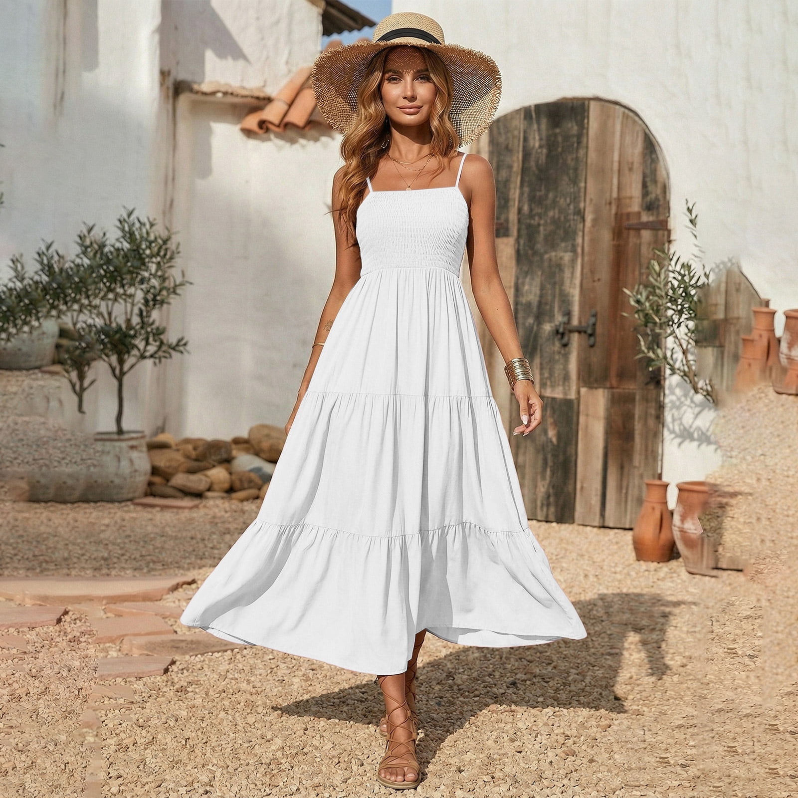 party wear a line dress YOUNGEE Women's Spaghetti Strap Smocked Maxi Dress, Adjustable Strap Tiered A-Line Long Dress, Casual Summer Beach Sundress for Women Vacation Denise Maxi Dress - sync_draft %0D%0A%0D%0A%26nbsp%3B%0D%0A%0D%0A%26nbsp%3B%0D%0A*%26nbsp%3BOrder%20one%20size%20up%20for%20a%20relaxed%20fit Size:28W