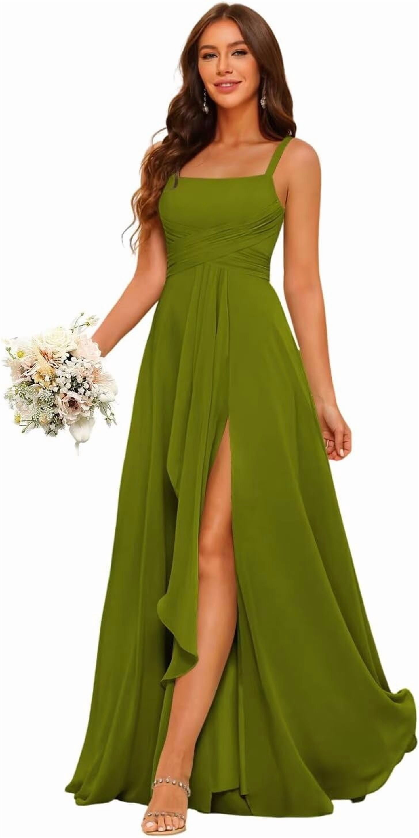 Bride's Side Women's Spaghetti Strap Square‑Neck Chiffon Bridesmaid Gown, Long ...