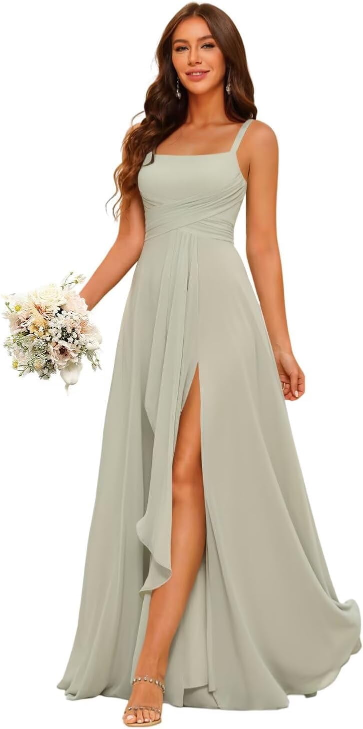 Bride's Side Women's Spaghetti Strap Square‑Neck Chiffon Bridesmaid Gown, Long ...