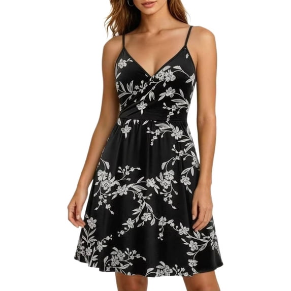 Women's Spaghetti Strap Summer Floral Vacation Dress, Boho V Neck Sleeveless Swing Wedding Guest Beach Dresses