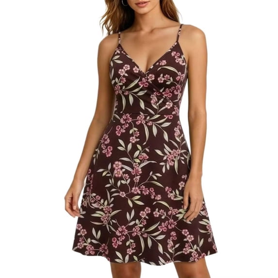 Women's Spaghetti Strap Summer Floral Vacation Dress, Boho V Neck Sleeveless Swing Wedding Guest Beach Dresses