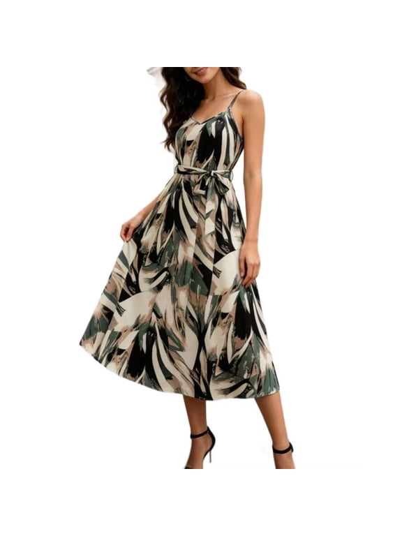 Women's Spaghetti Strap Summer Flowy Vacation Maxi Dress, Boho Floral Print V Neck Wedding Guest Beach Dresses