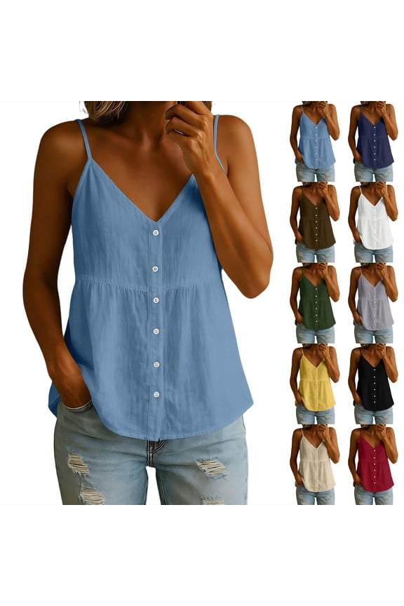 Women's Spaghetti Strap V Neck Linen Cami Top Button Down Peplum Hem Summer Boho Tank Blouses Tops Yellow 2XL