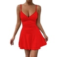 thumbnail image 1 of Women's Spaghetti Strap V-Neck Mini Dress Ruched Waist Fit and Flare Casual Party Graduation Dress, 1 of 3