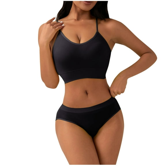 Women's Spaghetti Straps Bra Wireless Sports Bras Support Push-Up Bralettes With High Waisted Panty Comfy Seamless Workout 2 Piece Yoga Lingerie Set