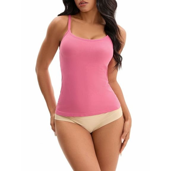 Women's Spaghetti Straps Camisoles with Built-In Bras Basic Breathable Sleeveless Undershirts Tops 3XL Rose Red
