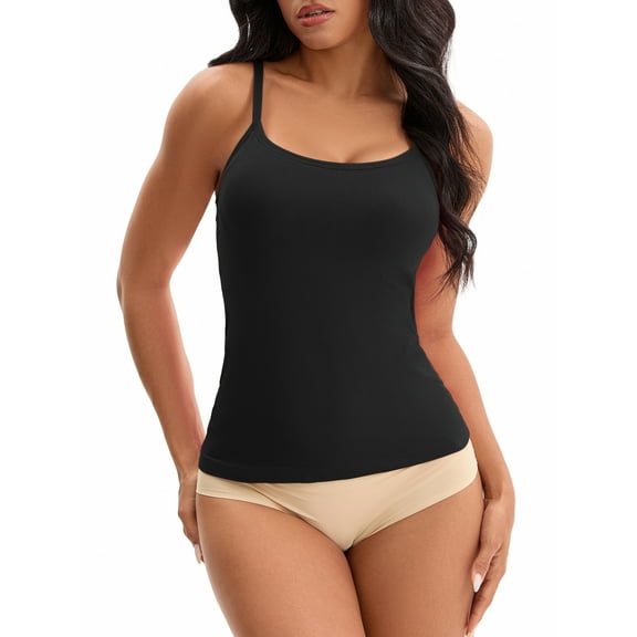 Women's Spaghetti Straps Camisoles with Built-In Bras Basic Breathable Sleeveless Undershirts Tops S Black