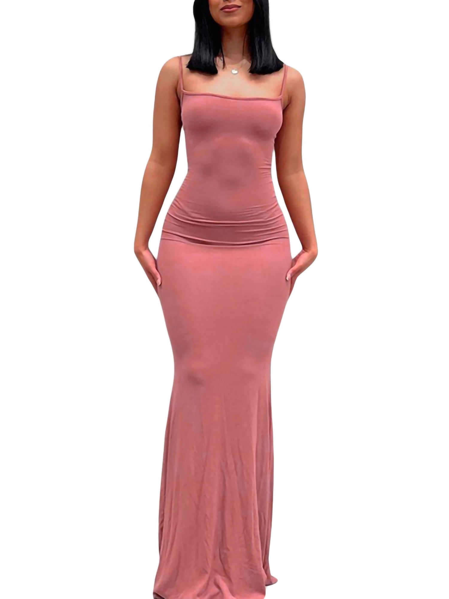 Women s Spaghetti Straps Maxi Dress Sleeveless Long Solid Color Bodycon Wide Flared Bottom Evening Party Dress Walmart