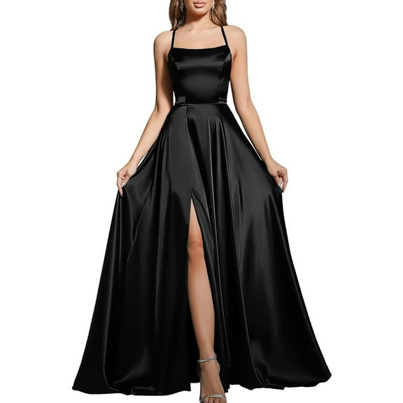 Women's Spaghetti Straps Prom Dresses Long Satin Bridesmaid Dress with Slit Formal Party Gown