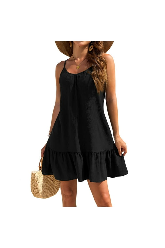 Women's Plus Size Ruffle Hem Cami Mini Dress Spaghetti Strap Swig Flowy Summer Loose Short Dresses Black 2XL