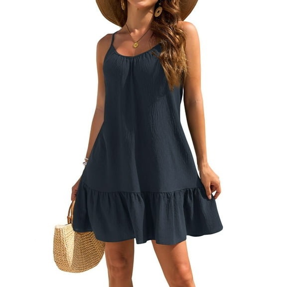 Women's Spaghetti Straps Ruffle Mini Dress Scoop Neck Sleeveless Babydoll Short Dress Flowy Summer Beach Dresses Navy 2XL