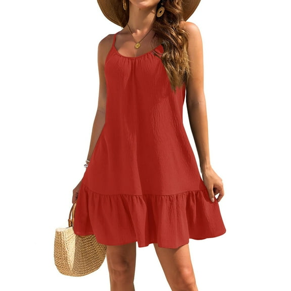 Women's Plus Size Ruffle Hem Cami Mini Dress Spaghetti Strap Swig Flowy Summer Loose Short Dresses Red M