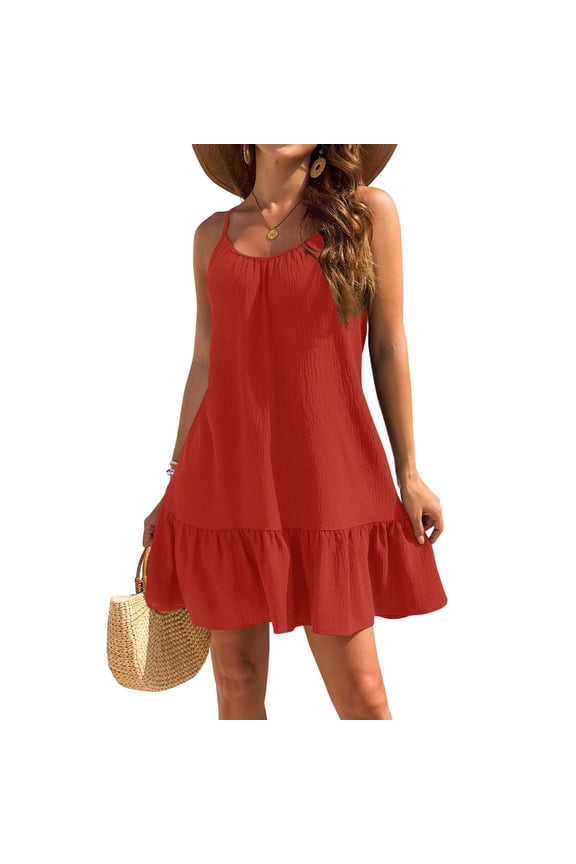 Women's Plus Size Ruffle Hem Cami Mini Dress Spaghetti Strap Swig Flowy Summer Loose Short Dresses Red M