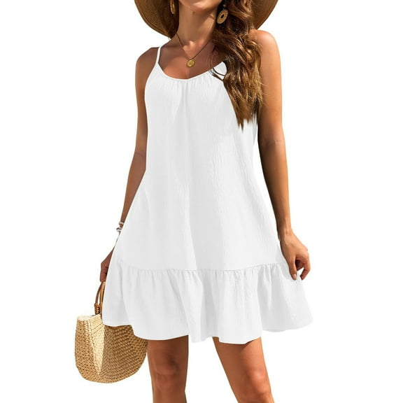 Women's Spaghetti Straps Ruffle Mini Dress Scoop Neck Sleeveless Babydoll Short Dress Flowy Summer Beach Dresses White L