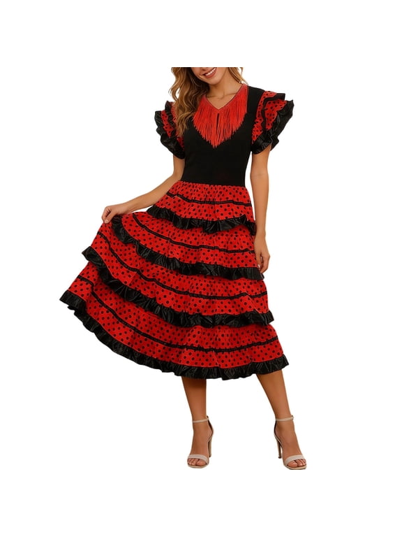 Women‘s Spanish Festival Adult Dance Dress Flowy Off Shoulder Ruffled Performance For Stage Show Women's Casual Outfits for Travel and Outings Black XL