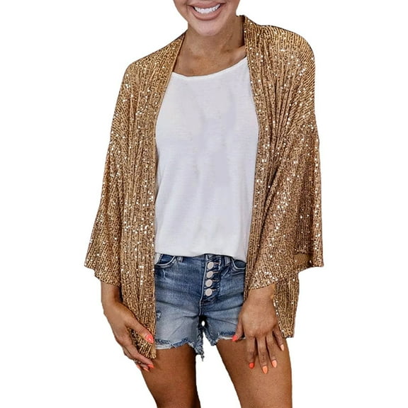 Women's Sparkle Cardigan - 3/4 Sleeve, Open Front, Sequin Embellished Loose Top,Size XXL