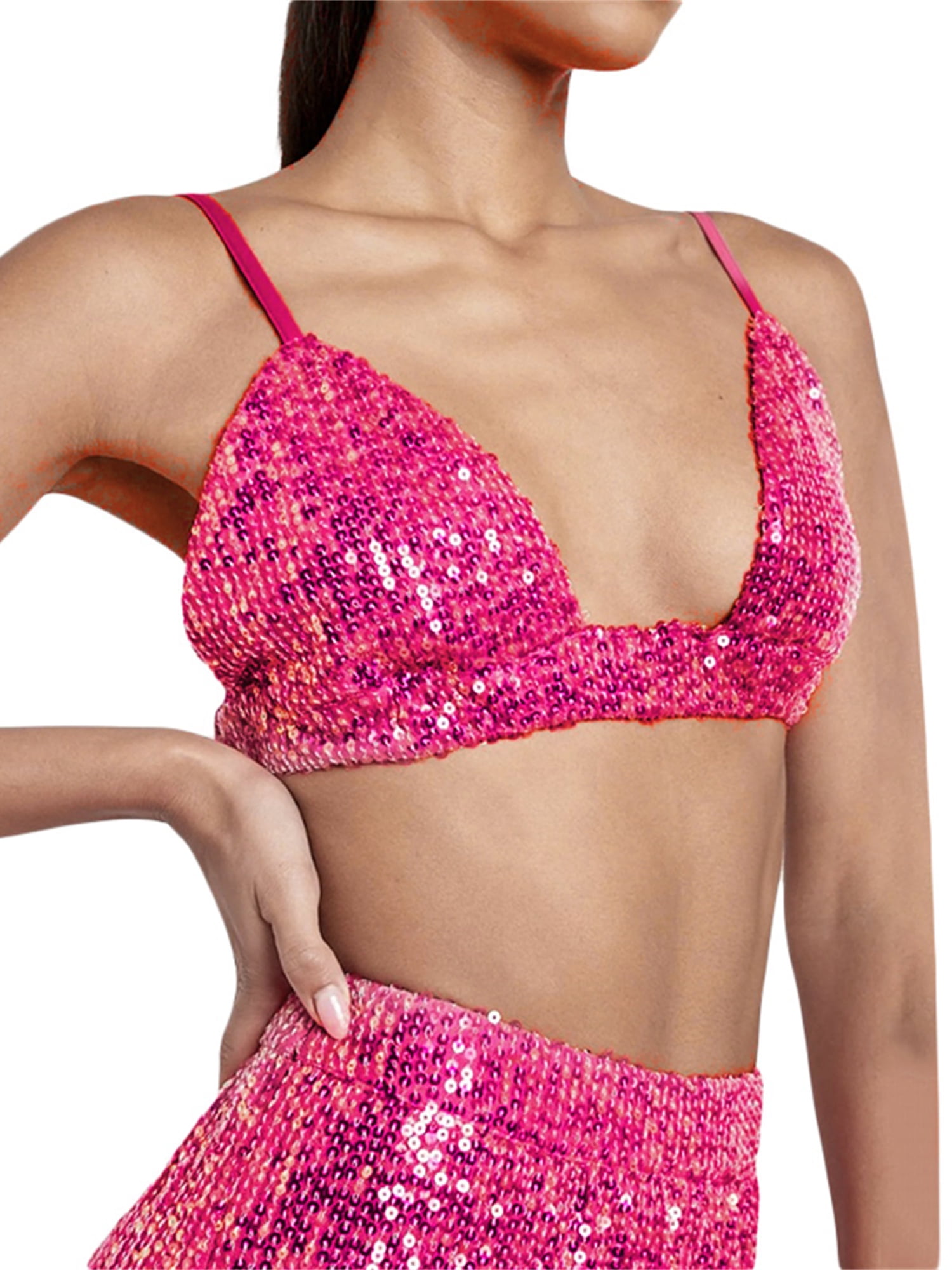 Women's Sparkle Glitter Bra Tops Sleeveless Spaghetti Strap Deep V Neck  Sequin Push Up Bra Party Clubwear Streetwear