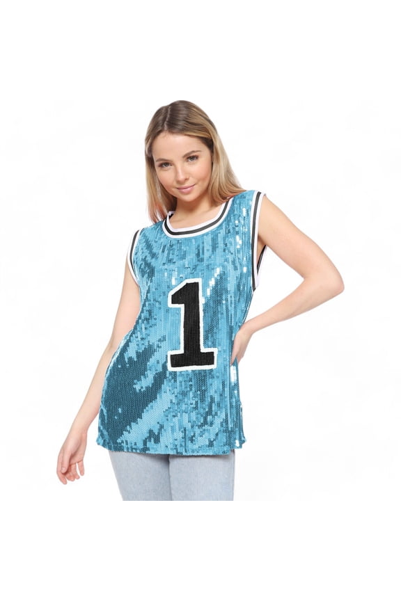 Women's Sparkle Glitter Number 1 T-Shirt Sequin Tank Top Blouse- Large, Light Blue