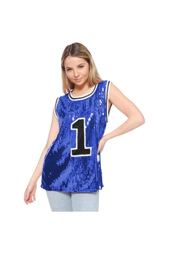 Women's Sparkle Glitter Number 1 T-Shirt Sequin Tank Top Blouse- Medium, Blue