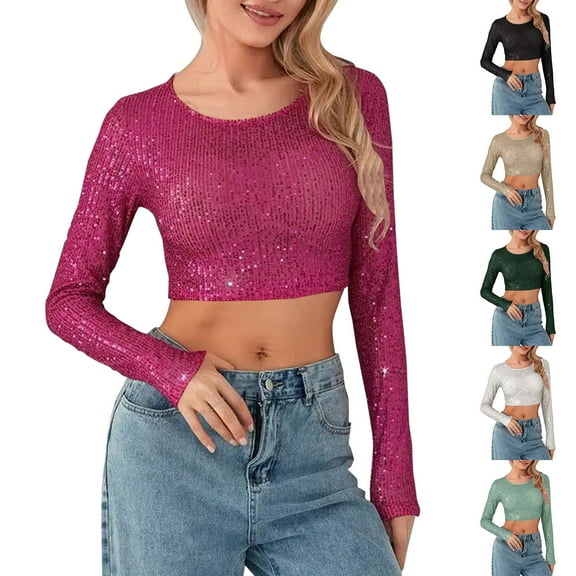 Women's Sparkle Long Sleeve Crop Top Crew Neck Party Wear Glitter Tee