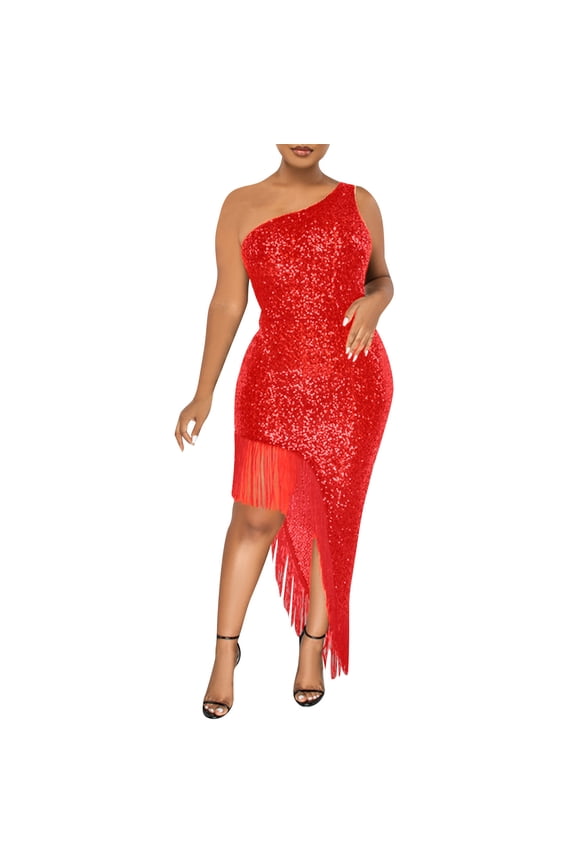 Women's Sparkle One Shoulder Fringes Dress Sexy Sequins Bodycon Prom Dresses Party Cocktail Evening Gowns