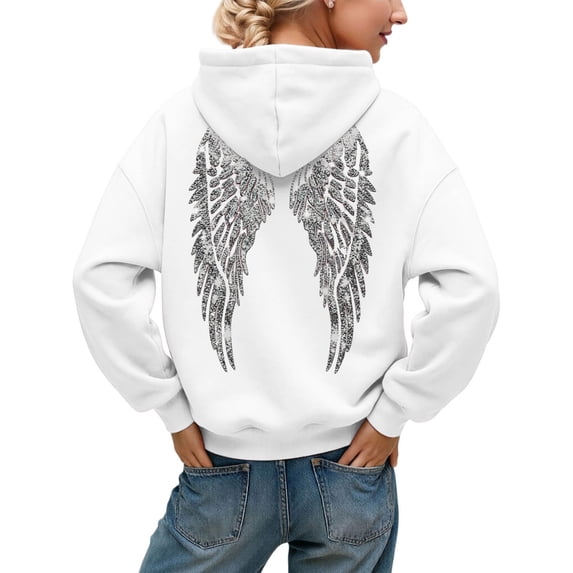 Women's Sparkle Rhinestone Angel Wings Hoodie Long Sleeve Sweatshirts | Drawstring Baggy Sweatshirt with Pocket, Mesh Back, Party Clubbing Outfit, Gothic Grunge, With Pockets