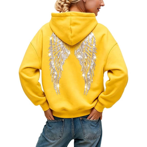 Women's Sparkle Rhinestone Angel Wings Hoodie Long Sleeve Sweatshirts | Drawstring Baggy Sweatshirt with Pocket, Mesh Back, Party Clubbing Outfit, Gothic Grunge, With Pockets