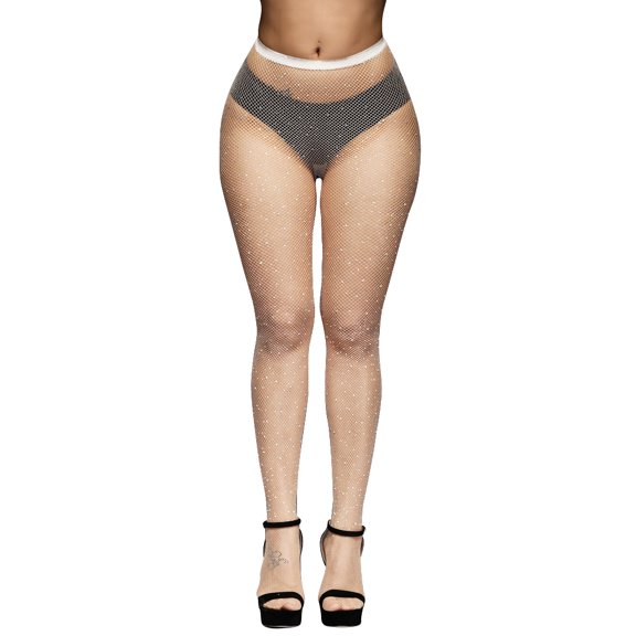 Women's Sparkle Rhinestone Fishnets Sexy Tights High Waist Stockings,white