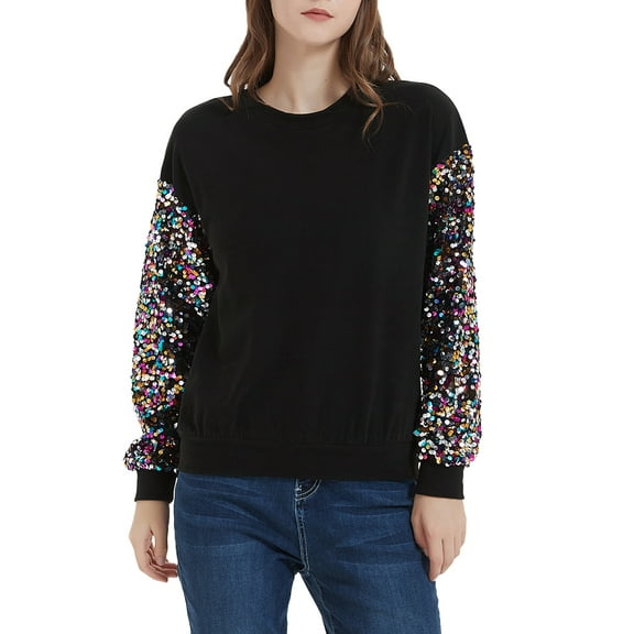 Women's Sparkle Sequin Tops Sweatshirt Long Lantern Sleeve Pullovers Blouse
